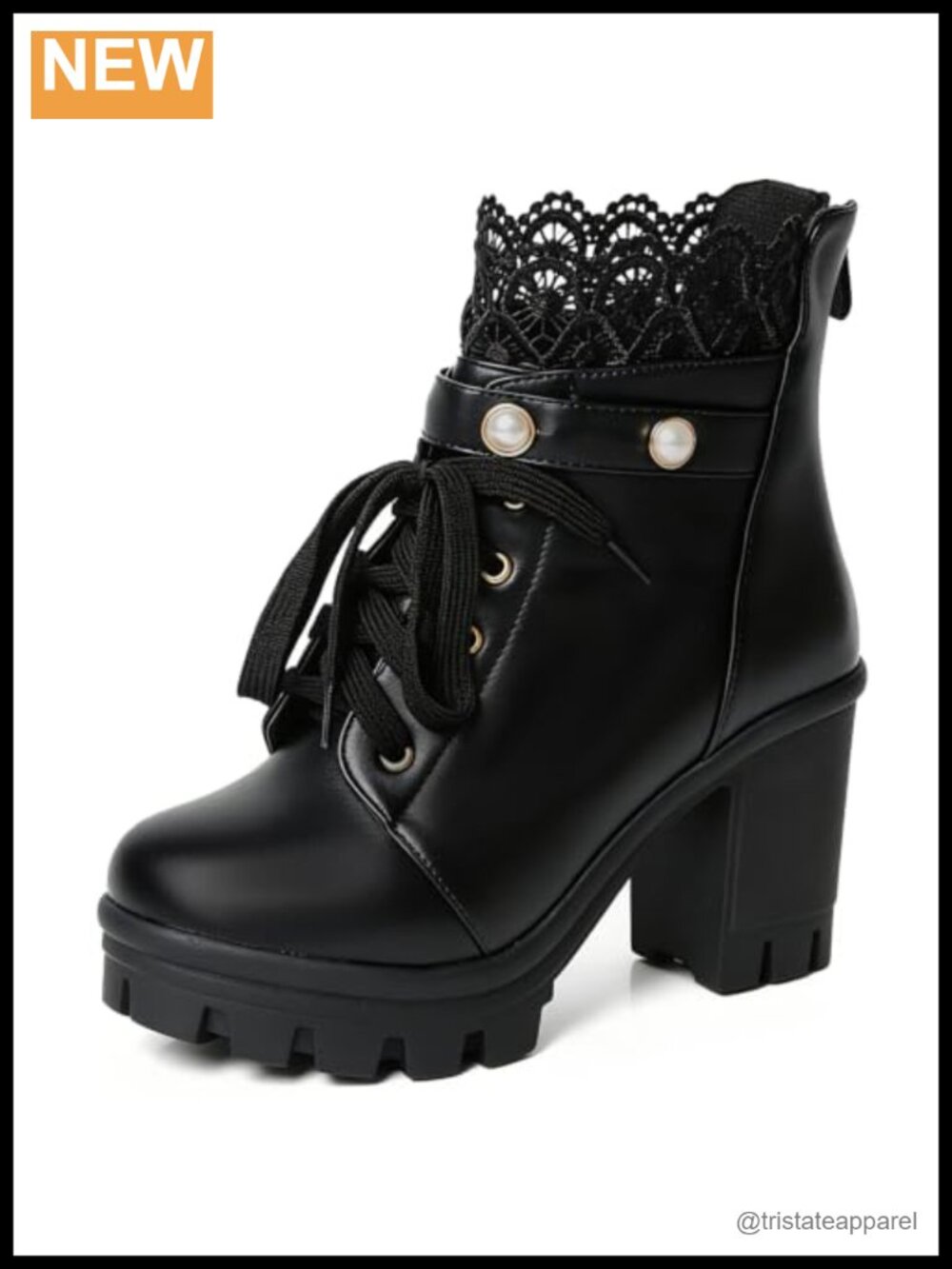 Gothic Platform Ankle Boots with Pearl Beads and Lace - PU Leather